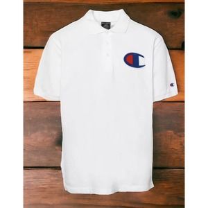Champion White Chenille Polo Shirt Big C Fuzzy Logo Script School Mens 2XL NEW